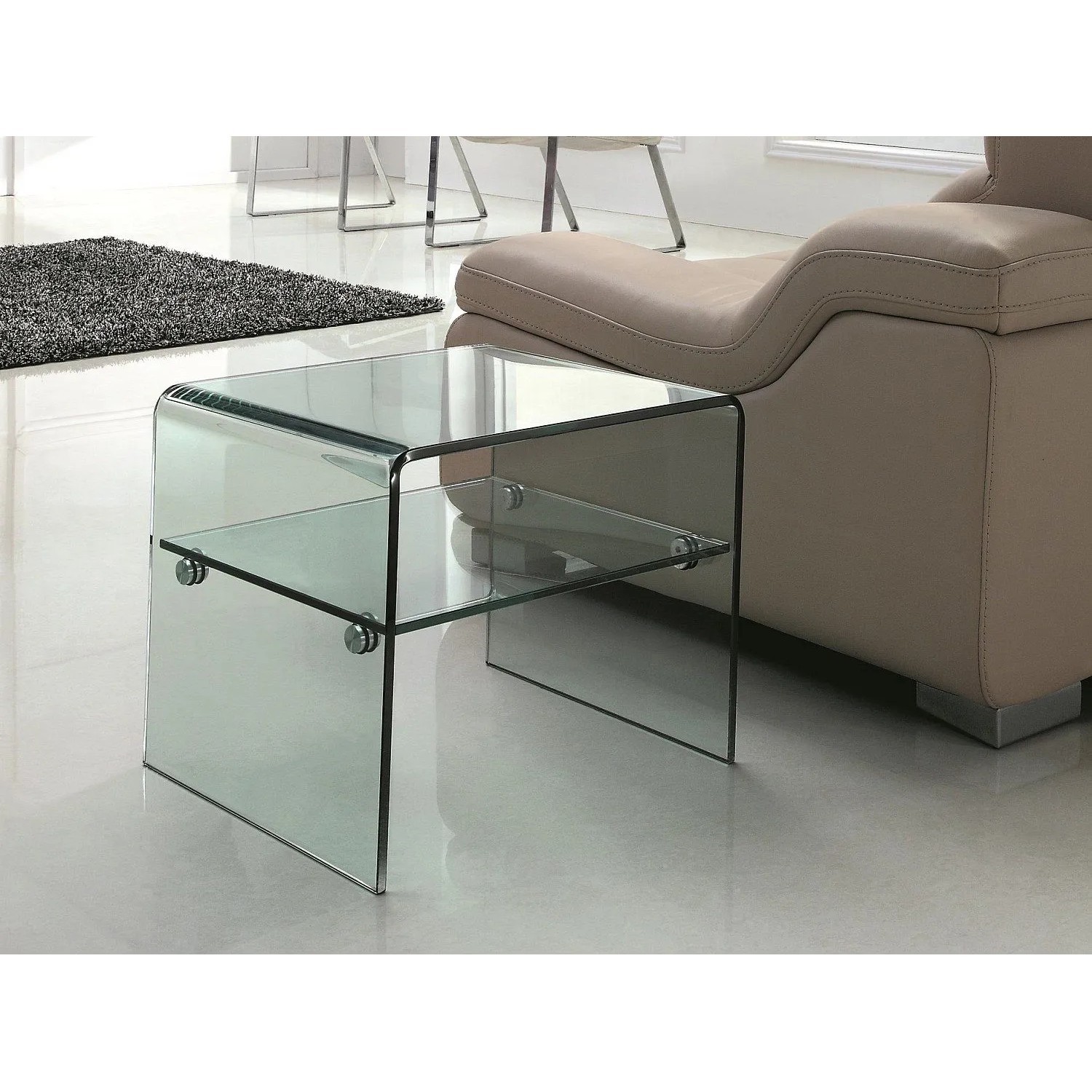 Transparenter Glas-Nachttisch Stileos mit Ablage, 48 cm, modernes Design. Ideal für Schlafzimmer.