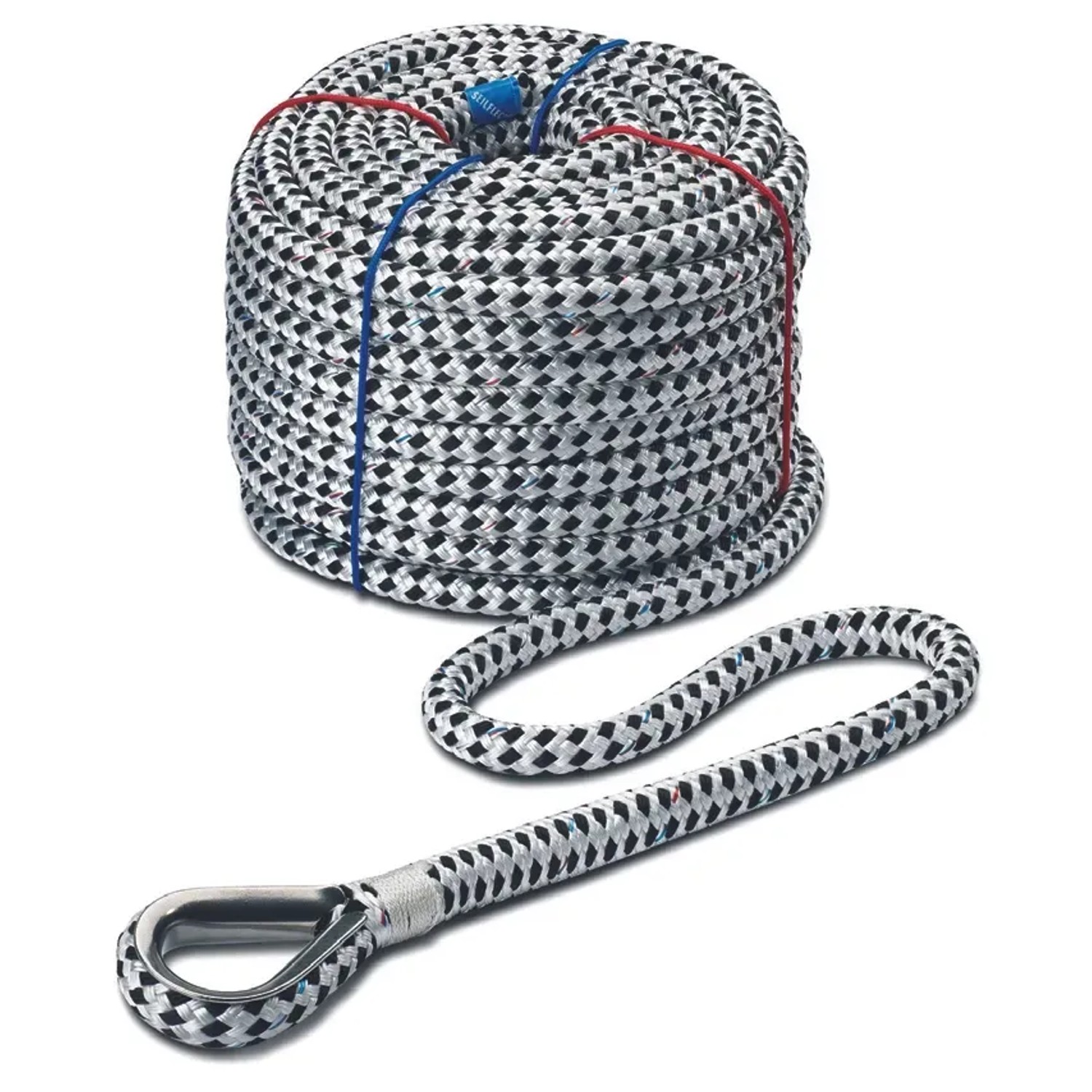 Seilflechter Tauwerk mit Kausche, geflochten, schwarz-weiß, Boot-Zubehör.