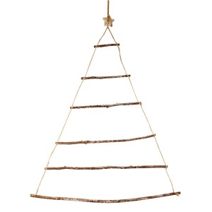 Holz-Wandbaum in Tannenform aus Ästen mit Holzstern, für Weihnachtsbeleuchtung und Deko.