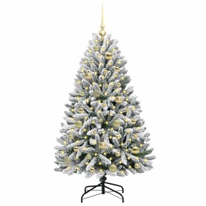 Geschmückter, künstlicher, grün-weißer Weihnachtsbaum (120 cm) mit goldenen Kugeln und LED-Lichtern.