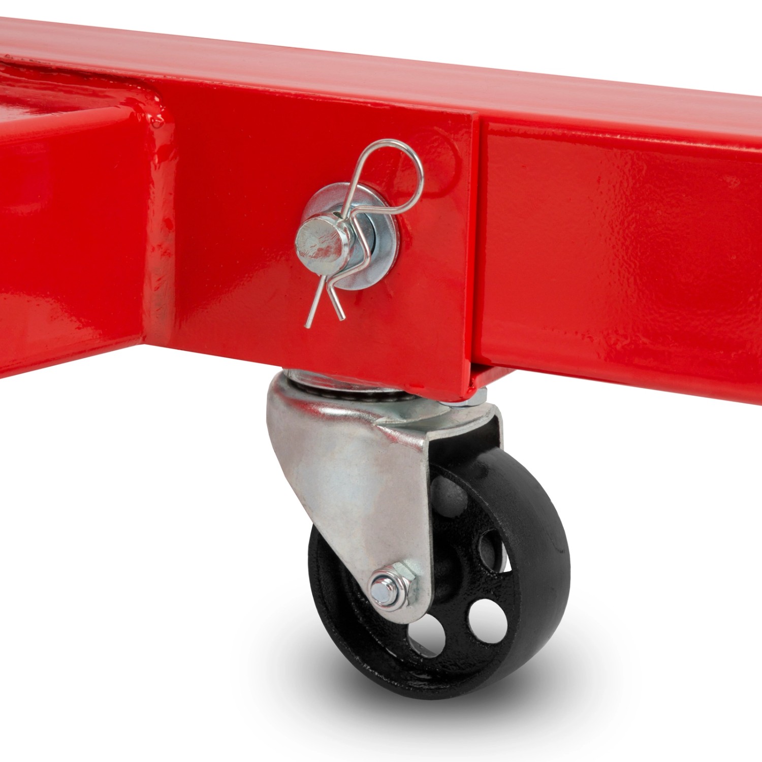 Detailaufnahme: Lenkrolle am roten EBERTH Motorkran, für Werkstatt und Montage.