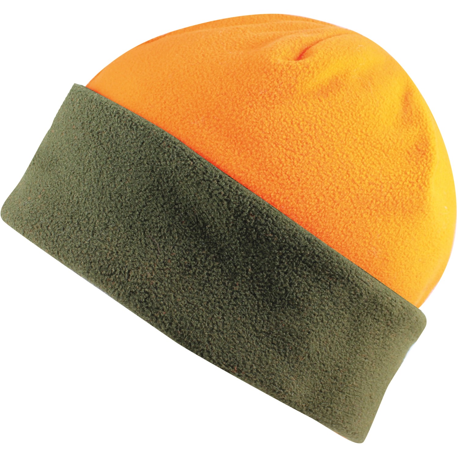 Wende-Fleecemütze in Oliv und Orange, Arbeitskleidung für den Winter.