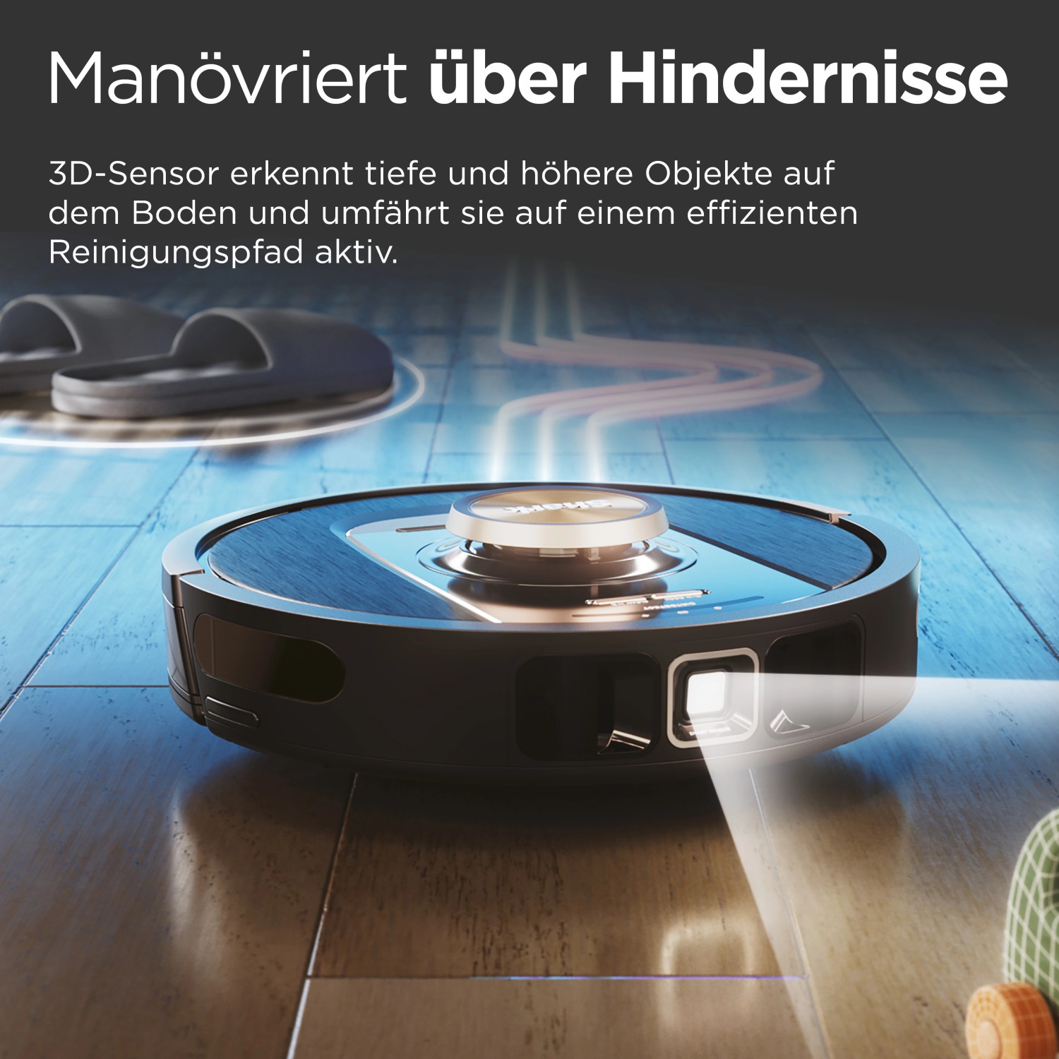 Shark Saugroboter RV2820VEEU umfährt Hindernisse auf Holzboden.