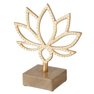 Goldener Dekoaufsteller Bali in Blumenform aus Mangoholz und Aluminium. Dekorative Figur für stilvolles Wohnen.