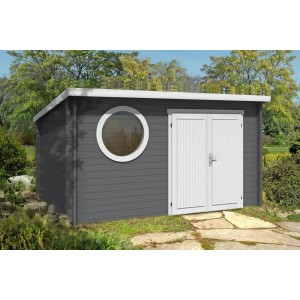 Graues Alpholz Gartenhaus Maria-Rondo mit Pultdach und runder Fensteröffnung. Holz-Gartenhaus mit Doppeltür.