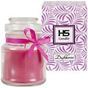 HS Candle Duftkerze Lavendel im Bonbonglas (Ø7cm) mit rosa Schleife und Verpackung.