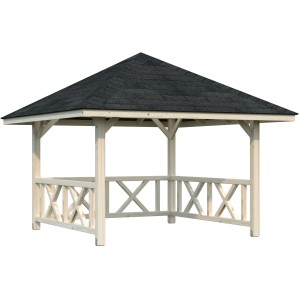 Palmako Holz-Pavillon Bianca 8,3 m² mit Balustraden-Geländer und schwarzem Dach.