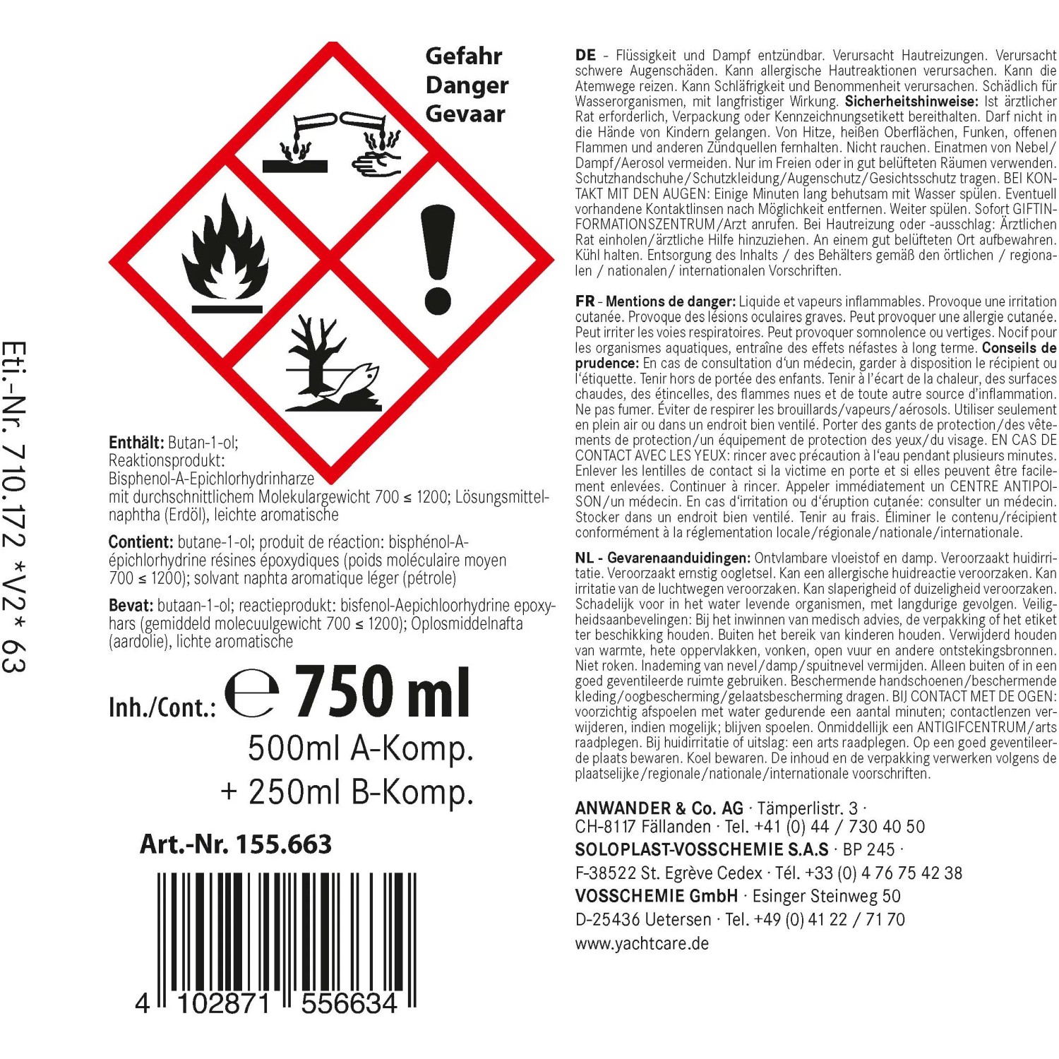 Etikett einer 750ml Dose mit Gefahrenhinweisen für Epoxidharz-Reaktionsprodukt.