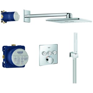GROHE SmartControl Unterputz Duschsystem Chrom. Set mit quadratischer Kopfbrause, Handbrause, Bedienelement und Installationsboxen.