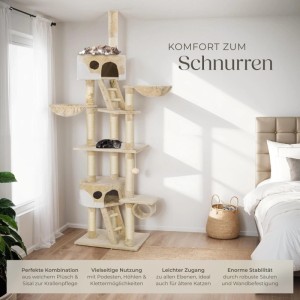 Beige-weißer Tectake Kratzbaum Hansi mit Sisalstämmen, Katzenhäusern und Liegemulden.