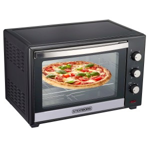 Steinborg Minibackofen SB-3006, 60 Liter, schwarz, mit Pizza im Garraum.