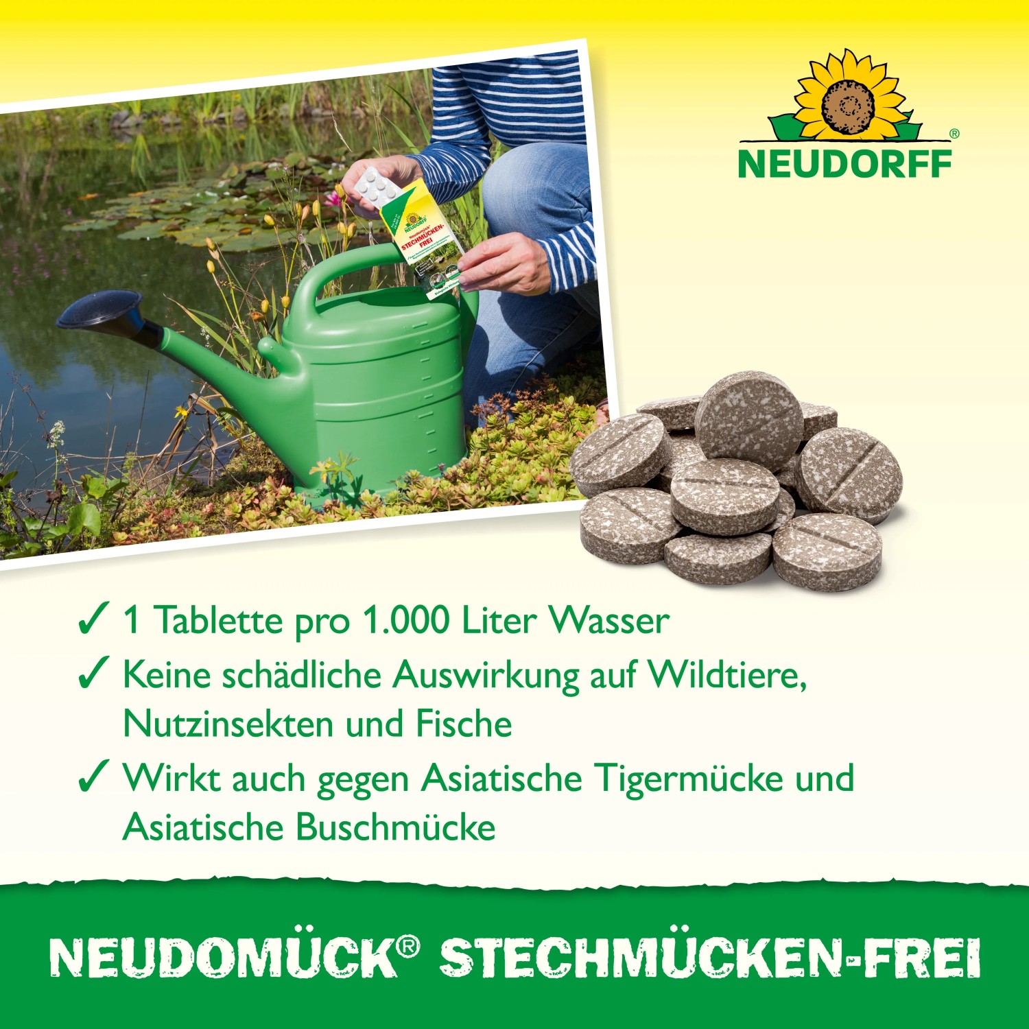 Neudorff Neudomück Stechmückenfrei: Tabletten zur Mückenlarvenbekämpfung in Teichen und Regentonnen.
