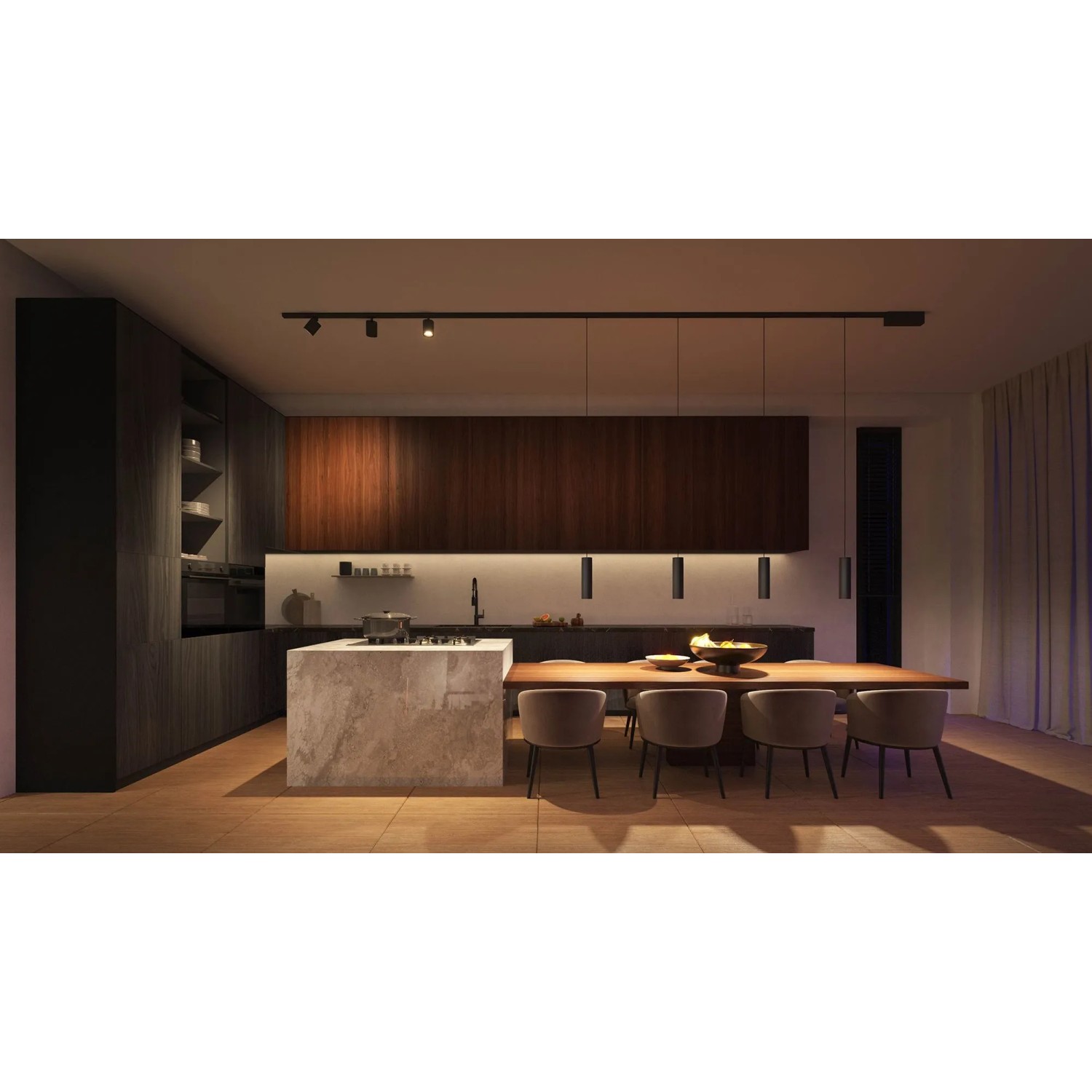 Moderne Küche mit Philips Hue Perifo LED-Pendelleuchte, 3-flammig, schwarz, über Esstisch.