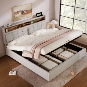 Beiges Polsterbett 160x200 mit Bettkasten, USB-Ladefunktion und verstellbarem Kopfteil.