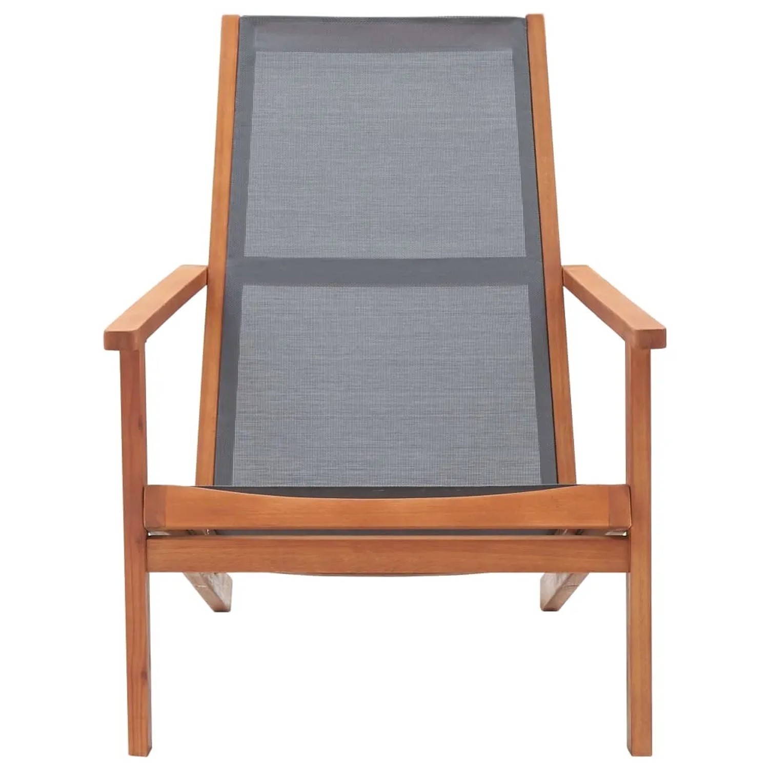 Grauer Garten-Loungestuhl aus Eukalyptusholz und Textilene, ideal für entspannte Stunden im Freien.