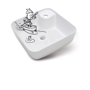 Weißes, quadratisches baliv Aufsatzwaschbecken WBA-7010 mit Hahnloch und Comic-Illustration.