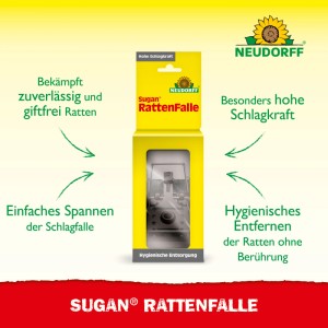 Neudorff Sugan Rattenfalle aus Kunststoff/Stahl in gelber Verpackung. Hohe Schlagkraft, hygienisch, wiederverwendbar.