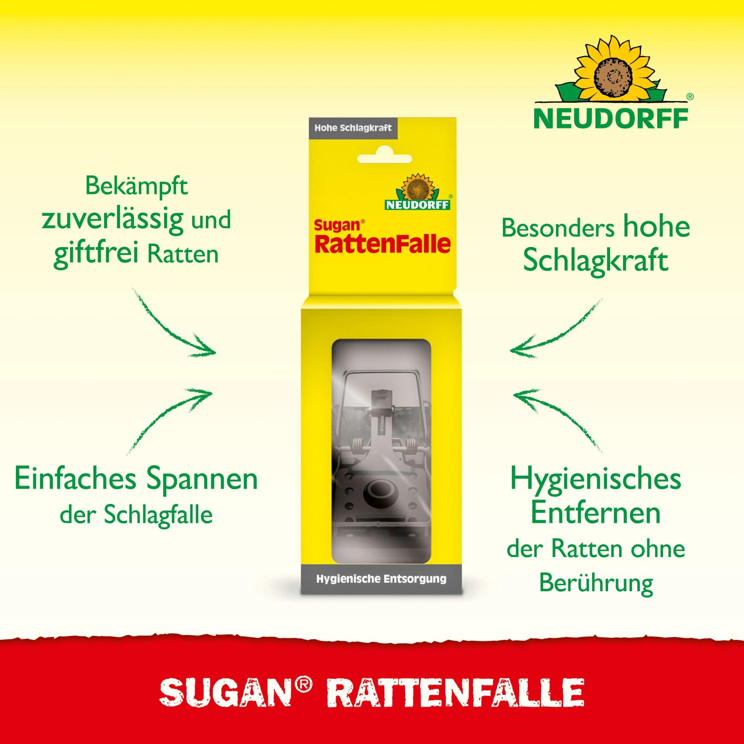 Neudorff Sugan Rattenfalle aus Kunststoff/Stahl in gelber Verpackung. Hohe Schlagkraft, hygienisch, wiederverwendbar.