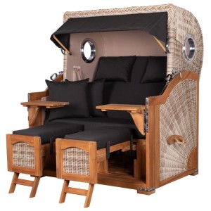 Komplettset: XL Strandkorb Ammersee Grande aus Teak mit Bullauge, Schutzhülle, Rollen und Liftersystem.