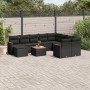 vidaXL 11-tlg. Garten-Sofagarnitur mit schwarzen Polyrattan-Kissen und Akazientisch auf Terrasse.