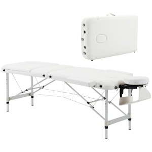 Weiße, faltbare HOMCOM Massageliege aus PVC und Aluminium, höhenverstellbar mit Kopfstütze. Auch zusammengeklappt.