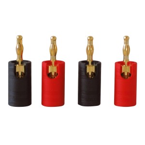 Dynavox Bananenstecker, 4er-Set: Vergoldete Stecker mit roten und schwarzen Kunststoffkappen.