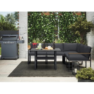 Schwarzes 6-teiliges Lounge-Set Piegan mit Esstisch aus Aluminium für Garten oder Terrasse.