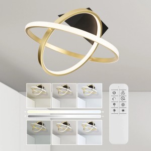 Moderne LED-Deckenleuchte Talia in Schwarz-Gold, dimmbar und mit Fernbedienung.