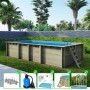 ALTANKA Holzpool Aqua 7x3,75m, 1,45m hoch, mit blauer Folie und Holzleiter im Garten. Rechteckiger Kiefernholzpool.