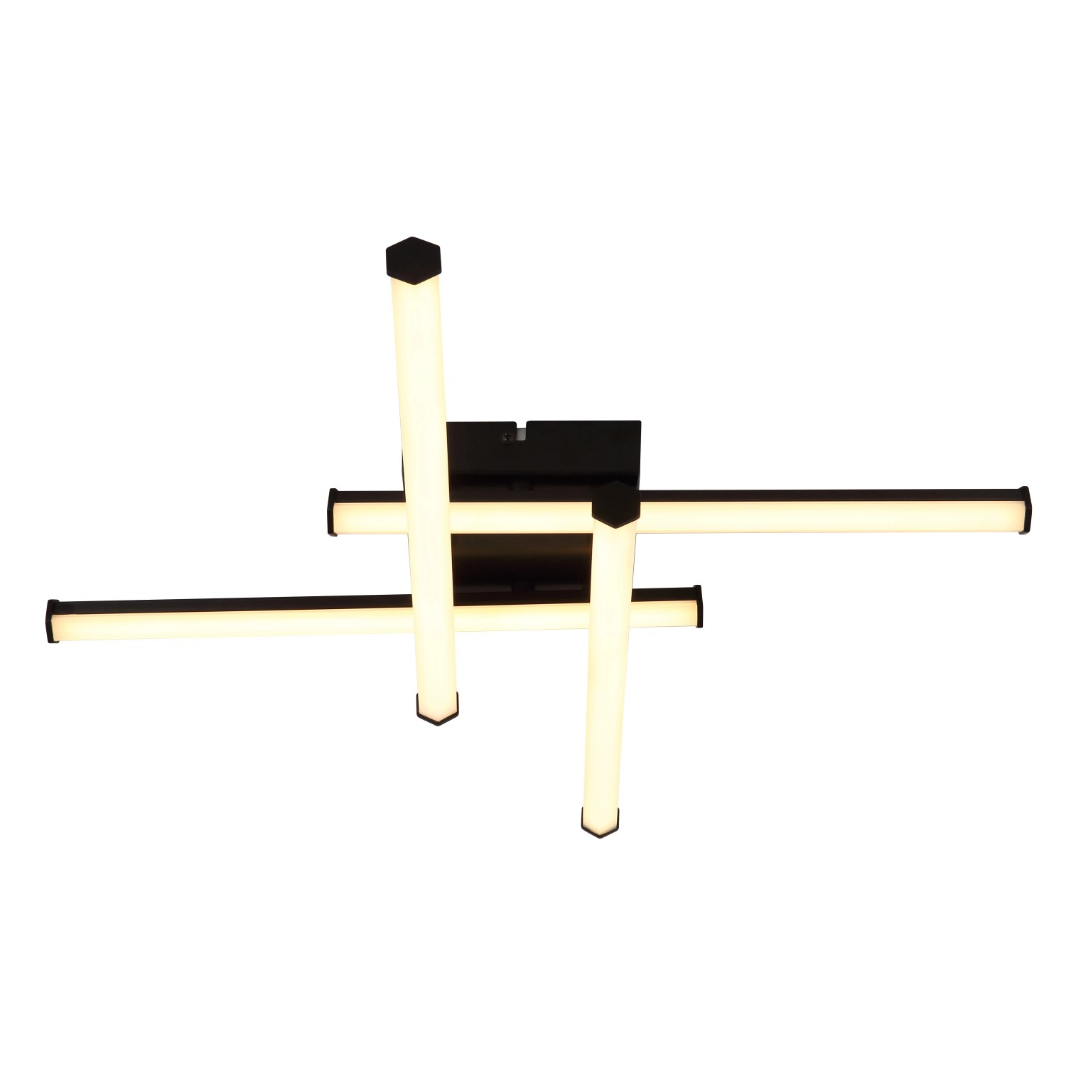Moderne, schwarze LED-Deckenleuchte Kirina mit hexagonalen Leuchtelementen.