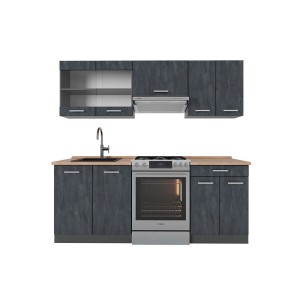 Vicco R-Line Küchenzeile, 200 cm, Schwarz Beton/Anthrazit mit Eiche Arbeitsplatte.