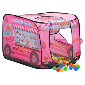 Rosa Kinder-Spielzelt im Eiswagen-Design mit bunten Bällen für drinnen und draußen.
