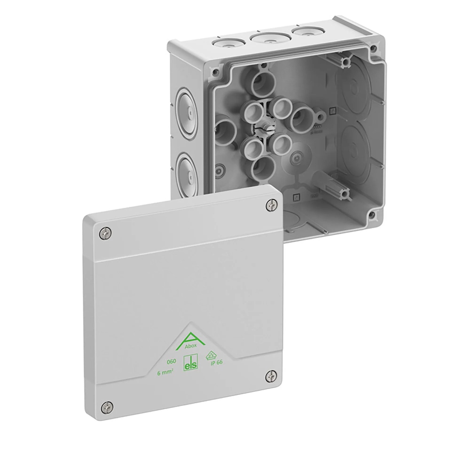 Spelsberg Abzweigkasten Abox 060-L Grau, geöffnet, für Elektroinstallationen.