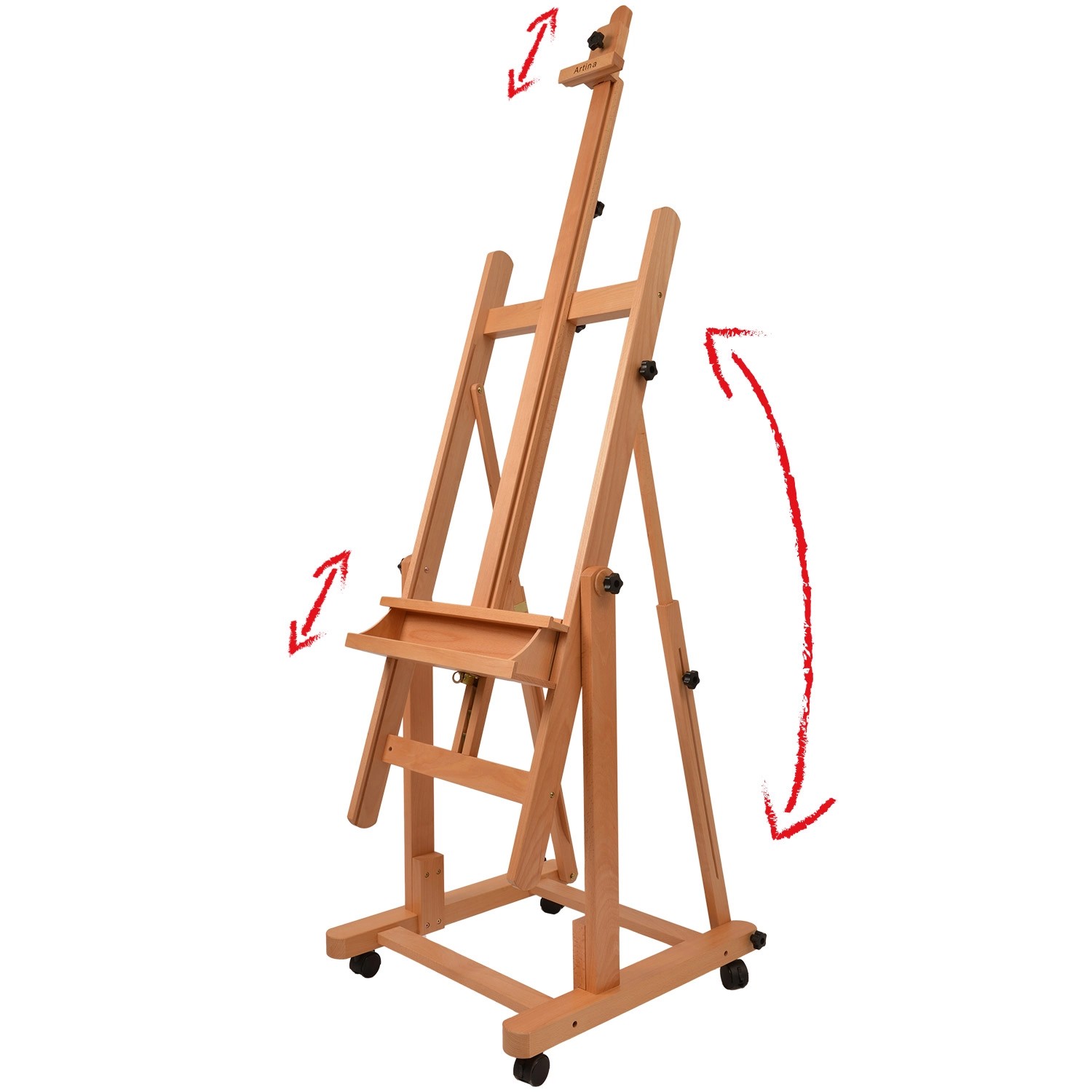 Artina Verona Atelierstaffelei aus Buche, rollbar und neigungsverstellbar.