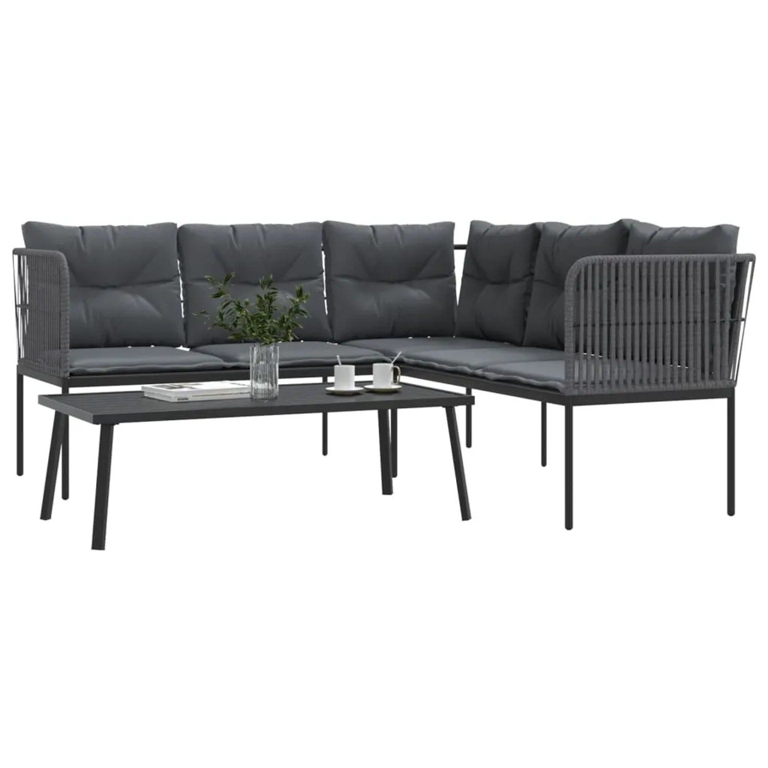 Schwarze vidaXL Garten Sofagarnitur mit Tisch und anthrazitfarbenen Kissen.