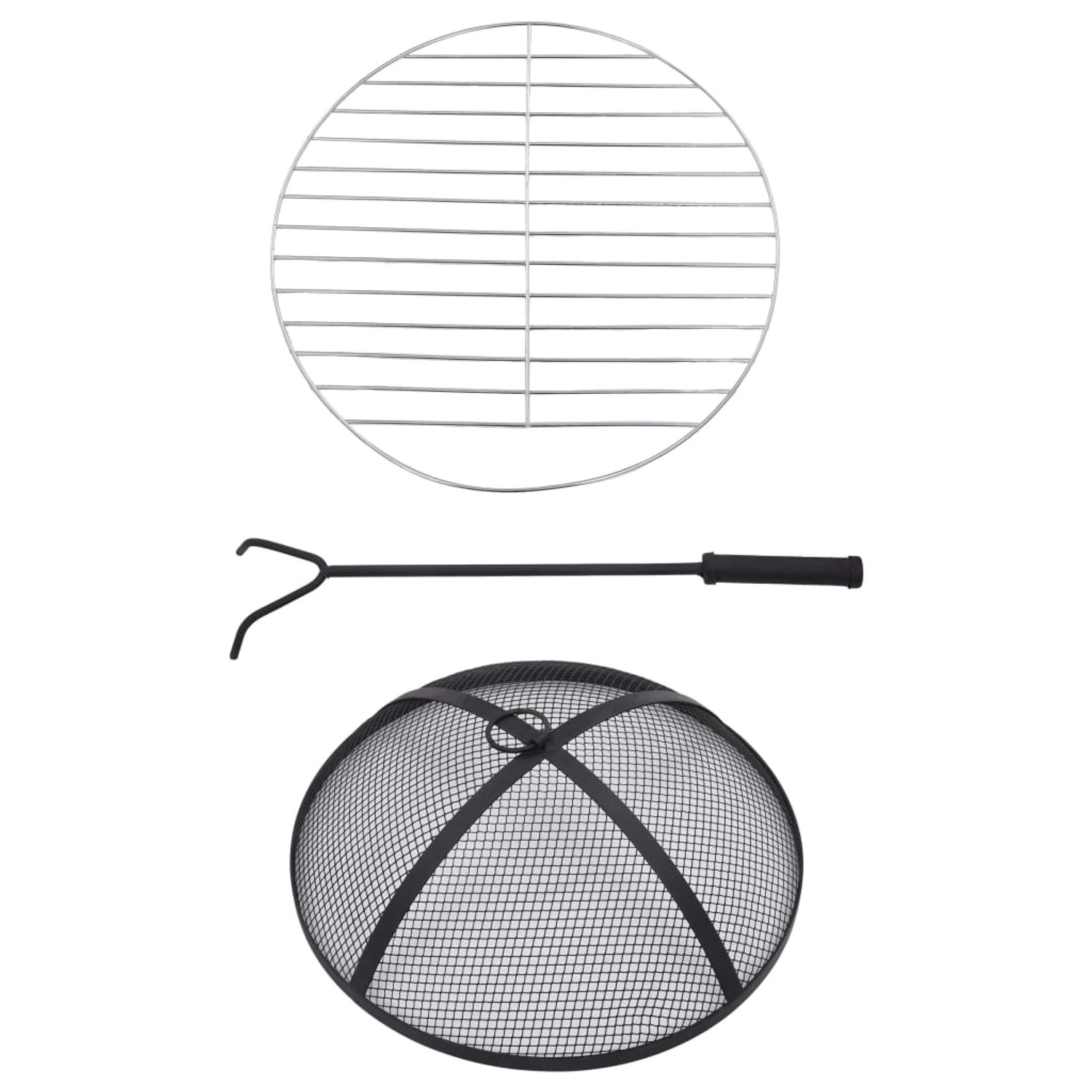 Zubehör für vidaXL Feuertisch: Grillrost, Schürhaken und Funkenschutzhaube.