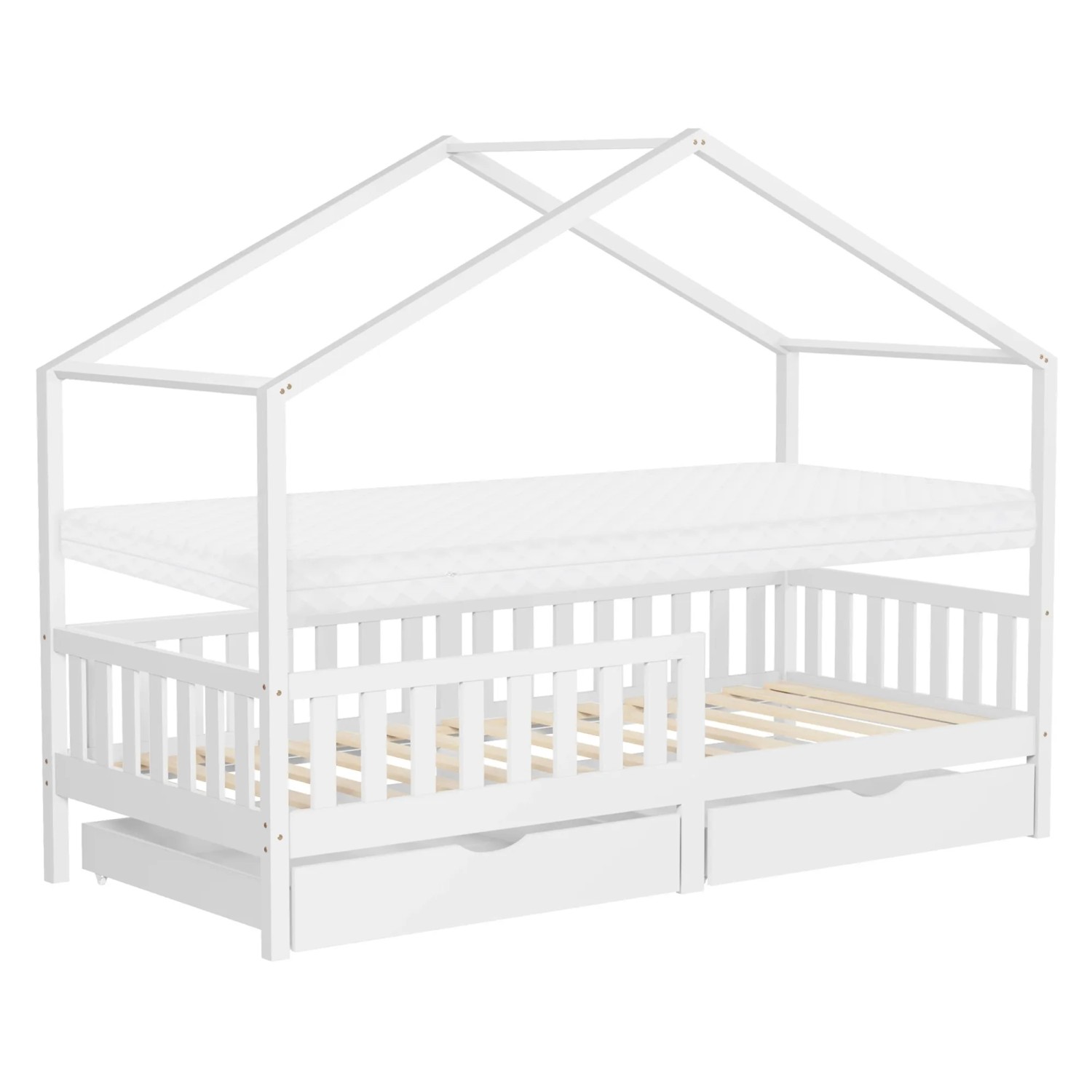 ML-Design Hausbett mit Matratze 90x200 cm & 2 Schubladen Weiß Kiefer
