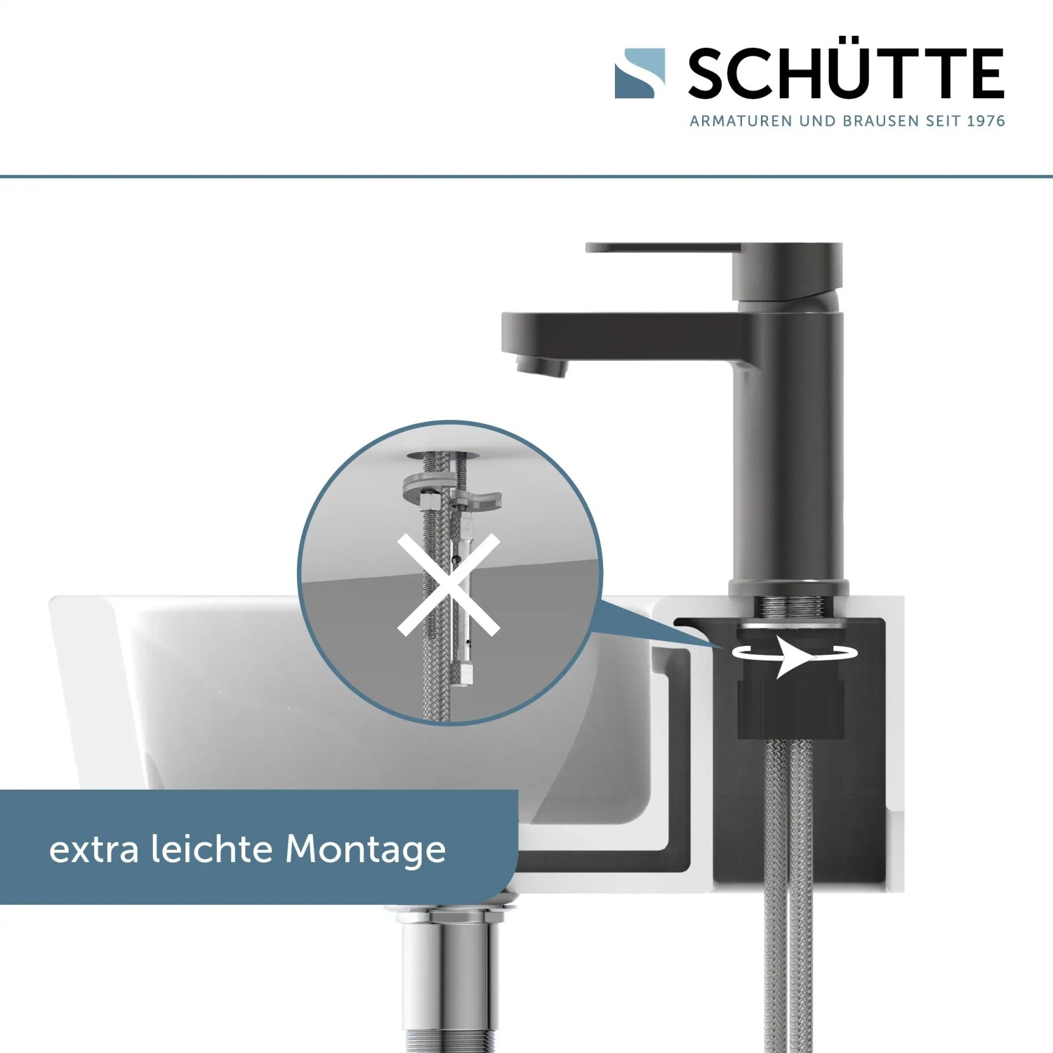 Schütte Waschtischarmatur Elephant Graphit Matt mit Montagehinweis.
