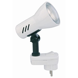 Weiße Briloner Steckdosenlampe Fiche mit schwenkbarem Kopf und Schalter.