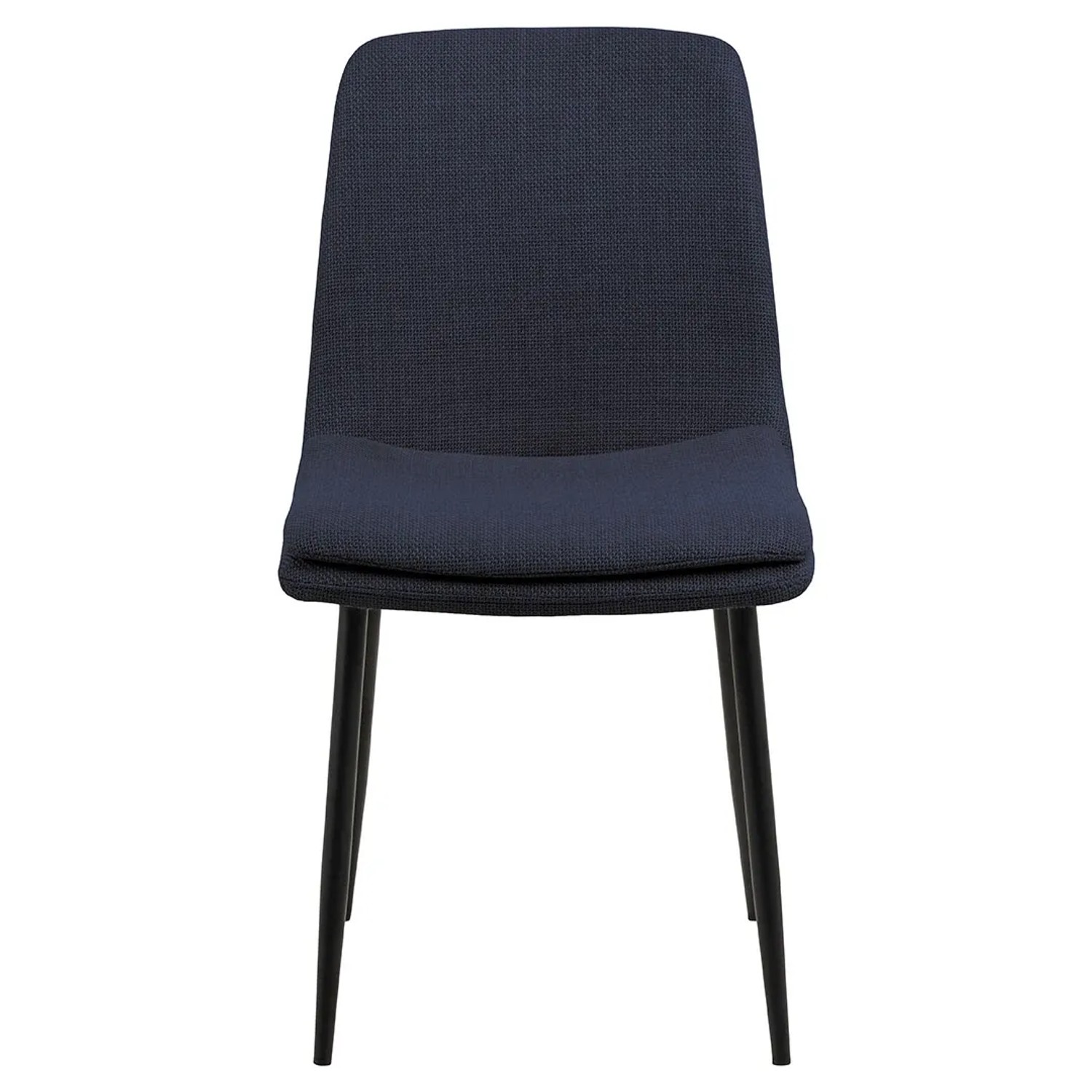 Blauer Esszimmerstuhl Becca mit Stoffbezug und schwarzem Metallgestell.