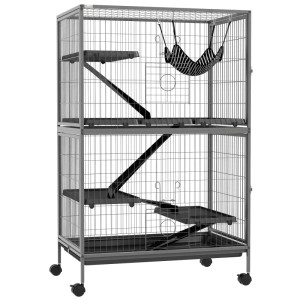 Grauer Stahl-Kleintierkäfig mit 4 Ebenen, Rampen, Plattformen, Hängematte und Rollen. Ideal für Frettchen, Nager.