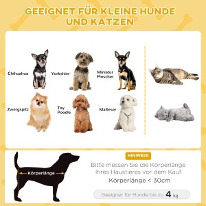 Geeignet für kleine Hunde und Katzen: Illustration verschiedener Rassen und Messanleitung für die Körperlänge.