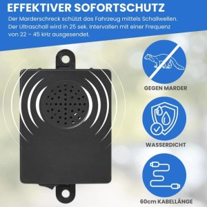 Schwarzer TRAILERKRAFT Ultraschall-Marderschreck für Auto, wasserdicht, 60cm Kabel. Effektiver Marderschutz KFZ.