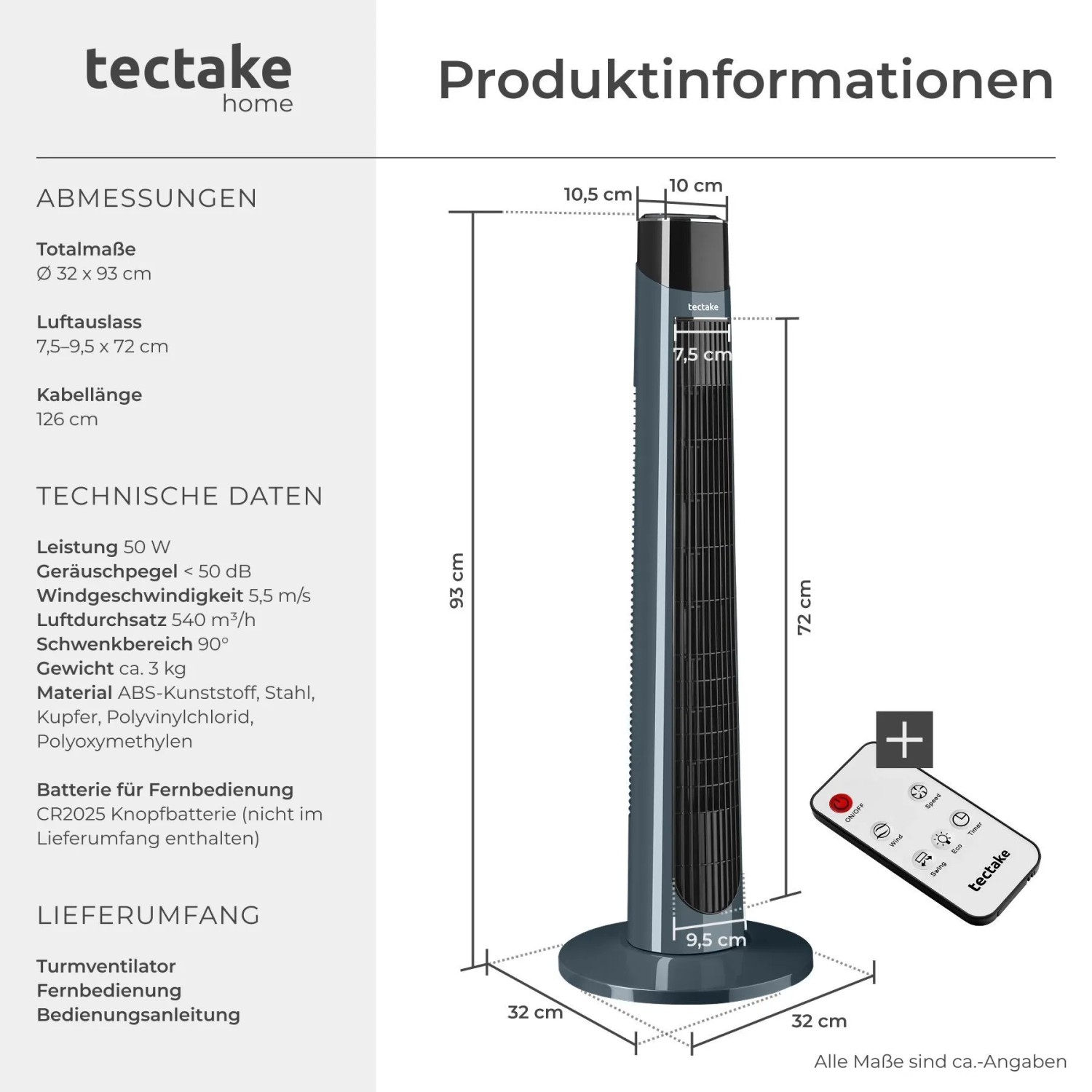 Tectake Turmventilator Arktis 90° Schwenkfunktion 3 Modi und 3 Geschwindigkeitsstufen  32 x 32 x 93 cm Anthrazit_6