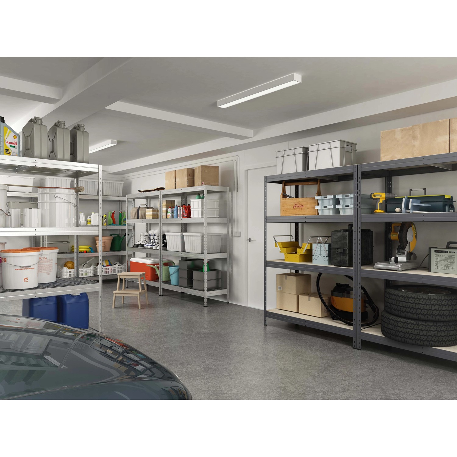 Anthrazitfarbenes Ar Shelving Schwerlast-Steckregal Rivet M im Einsatz in Garage, Keller oder Werkstatt.