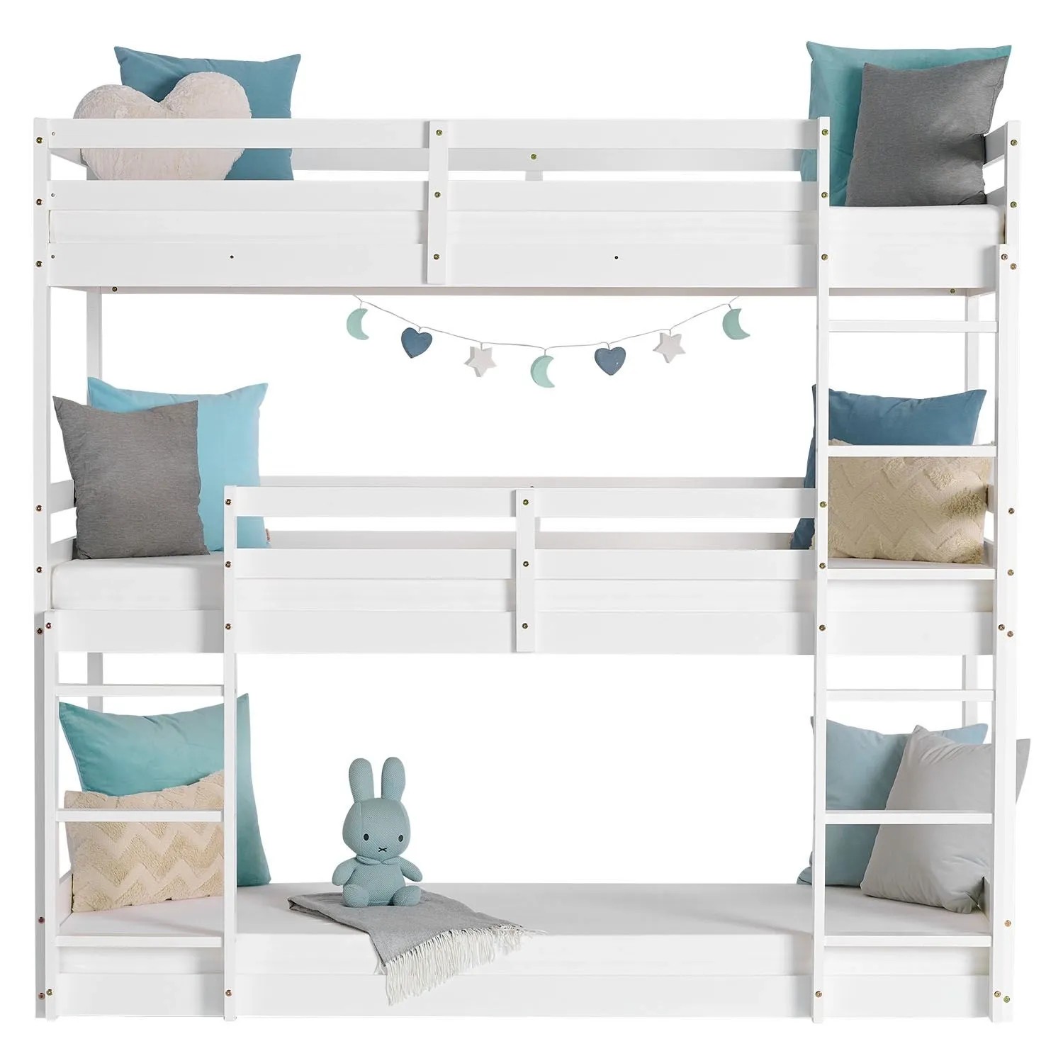 Weißes Homestyle4u Etagenbett aus Kiefernholz mit 3 Liegeflächen (90x200 cm), Leitern und Kissen. Kinderbett.