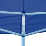 Detailaufnahme blaues Falt-Partyzelts: Stahlrahmen und wasserdichtes Dach.
