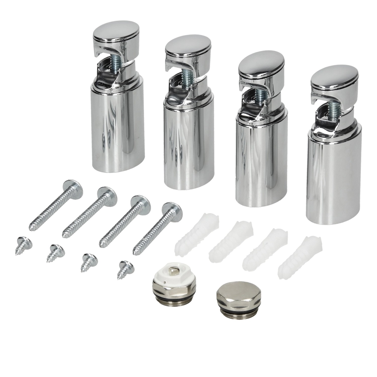 Montageset für LuxeBath Badheizkörper Sahara, Chrom, bestehend aus Halterungen, Schrauben und Dübeln.