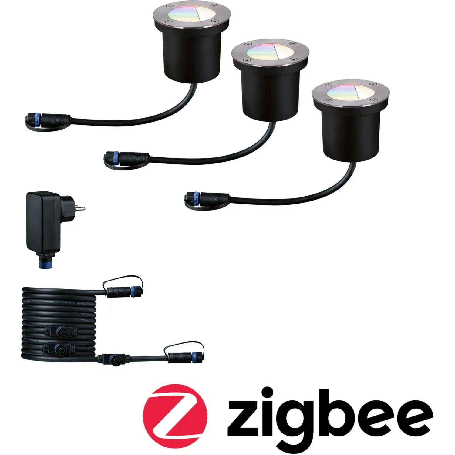 Paulmann Plug & Shine Starterset mit 3 Bodenstrahlern, Trafo und Kabel für Außen, RGBW, ZigBee.
