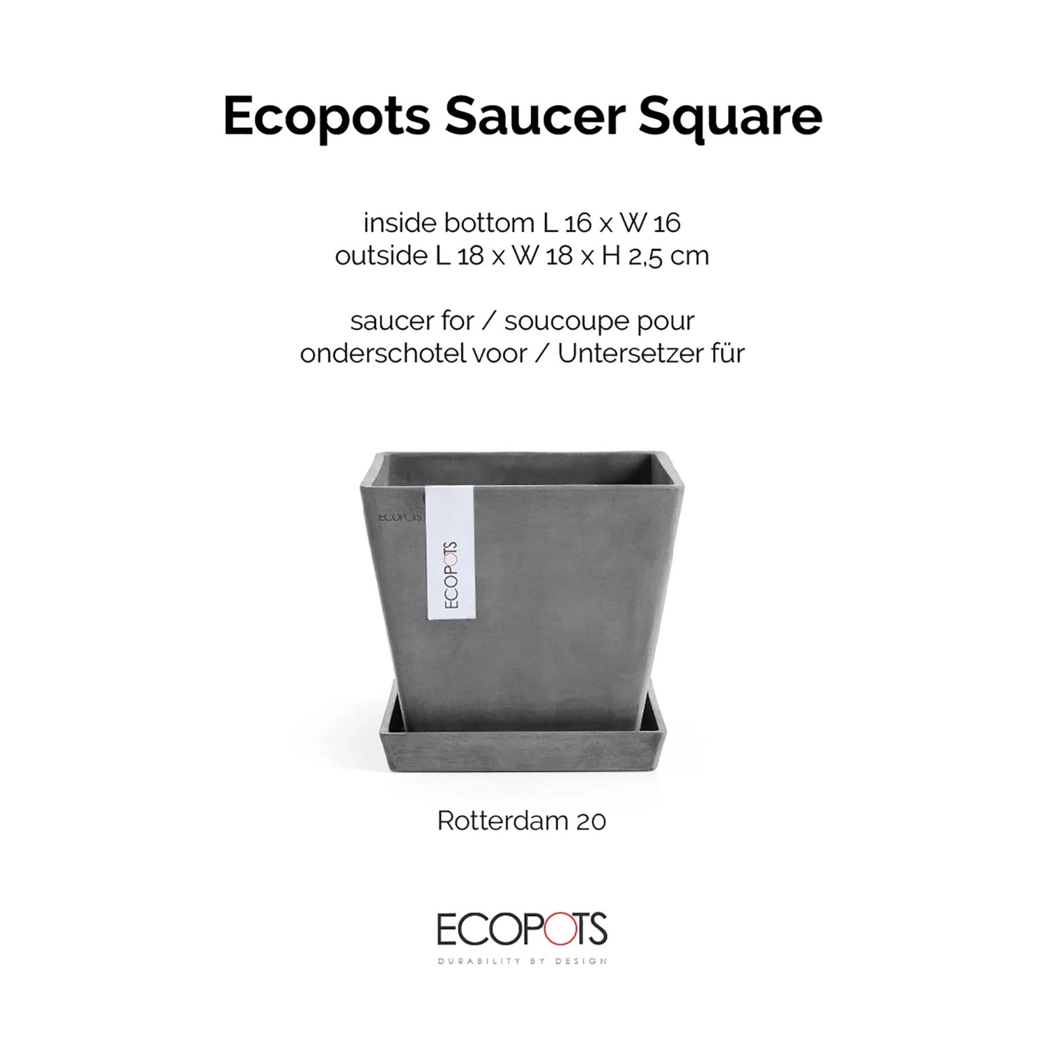 Ecopots Untersetzer Rotterdam, quadratisch, grau, 18x18 cm. Für Innen- und Außenbereich.